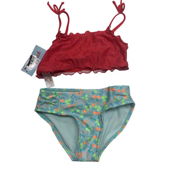 New Cat & Jack Girls Medium 8 UPF 50+ Red Blue Floral Bikini 2PC Swim Swimsuit - Picture 1 of 3